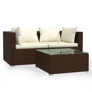 3-tlg. Garten-Lounge-Set mit Kissen Braun Poly Rattan