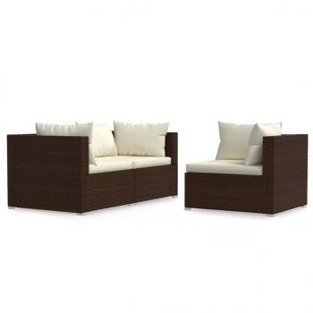 3-tlg. Garten-Lounge-Set mit Auflagen Braun Poly Rattan