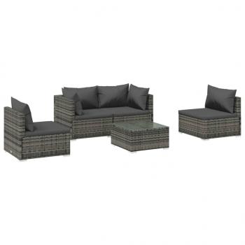 5-tlg. Garten-Lounge-Set mit Kissen Poly Rattan Grau