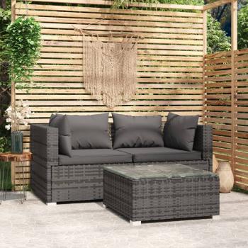 ARDEBO.de - 3-tlg. Garten-Lounge-Set mit Kissen Grau Poly Rattan