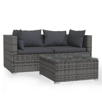 3-tlg. Garten-Lounge-Set mit Kissen Grau Poly Rattan