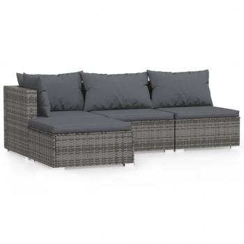 4-tlg. Garten-Lounge-Set mit Kissen Grau Poly Rattan