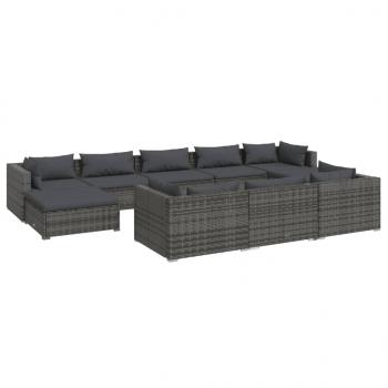 10-tlg. Garten-Lounge-Set mit Kissen Grau Poly Rattan