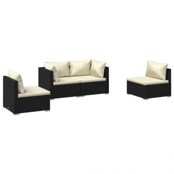 4-tlg. Garten-Lounge-Set mit Kissen Poly Rattan Schwarz