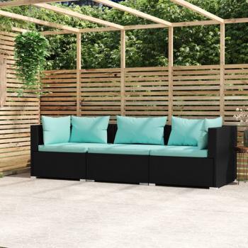 ARDEBO.de - 3-Sitzer-Sofa mit Auflagen Schwarz Poly Rattan