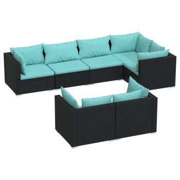 7-tlg. Garten-Lounge-Set mit Kissen Schwarz Poly Rattan