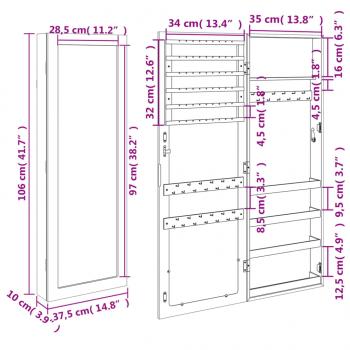 Schmuckschrank mit Spiegel Wandmontage Weiß 37,5x10x106 cm