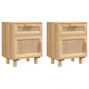 Nachttische 2 Stk. Braun Massivholz Kiefer und Natur-Rattan