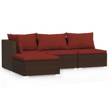 4-tlg. Garten-Lounge-Set mit Kissen Braun Poly Rattan