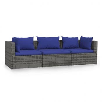 3-Sitzer-Sofa mit Kissen Grau Poly Rattan