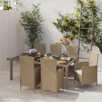 ARDEBO.de - 7-tlg. Garten-Essgruppe mit Kissen Poly Rattan Beige