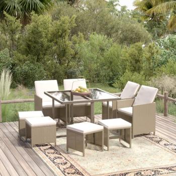 ARDEBO.de - 9-tlg. Garten-Essgruppe mit Kissen Poly Rattan Beige