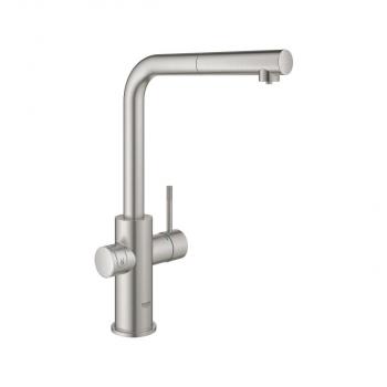 GROHE Blue Home L-Auslauf Starter Kit, herausziehbarer Mousseurauslauf, bis 150° schwenkbar, supersteel (31539DC0)