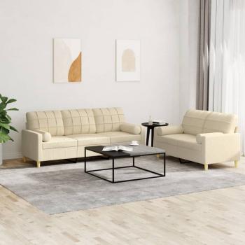 ARDEBO.de - 2-tlg. Sofagarnitur mit Kissen Creme Stoff