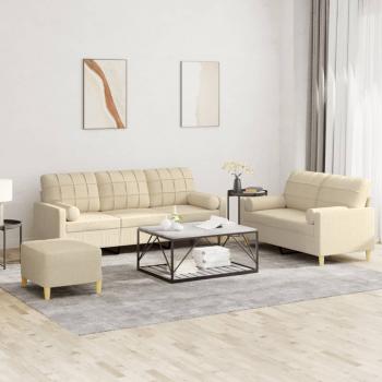 ARDEBO.de - 3-tlg. Sofagarnitur mit Kissen Creme Stoff