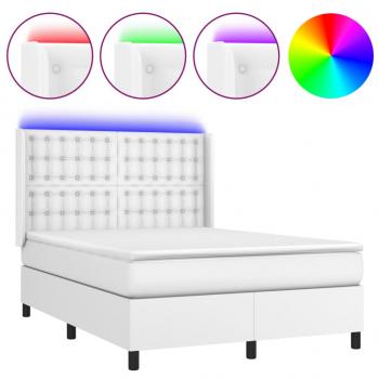 Boxspringbett mit Matratze & LED Weiß 140x190 cm Kunstleder