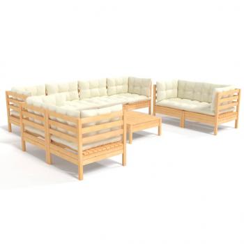 9-tlg. Garten-Lounge-Set mit Creme Kissen Kiefer Massivholz