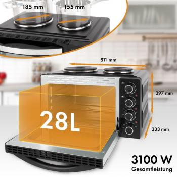 Clatronic KK 3786 Miniküche, 3100 W, 28 L, 2 Kochplatten, mit Backofen, Drehspieß, schwarz (263984)