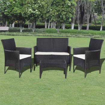 4-tlg. Garten-Lounge-Set mit Auflagen Poly Rattan Schwarz