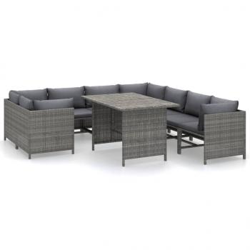 9-tlg. Garten-Lounge-Set mit Kissen Poly Rattan Grau