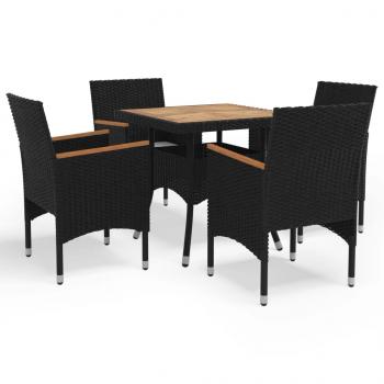 ARDEBO.de - 5-tlg. Garten-Essgruppe Schwarz Poly Rattan und Akazienholz