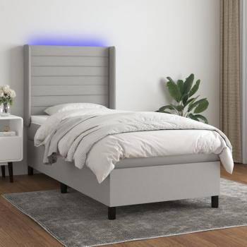 ARDEBO.de - Boxspringbett mit Matratze & LED Hellgrau 90x190 cm Stoff