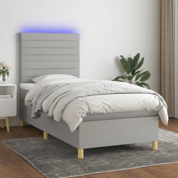 ARDEBO.de - Boxspringbett mit Matratze & LED Hellgrau 90x200 cm Stoff