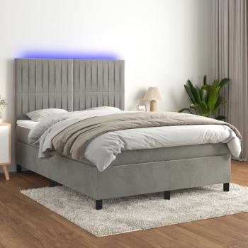 ARDEBO.de - Boxspringbett mit Matratze & LED Hellgrau 140x190 cm Samt