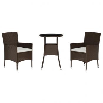 3-tlg. Garten-Bistro-Set mit Kissen Braun Poly Rattan