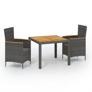 ARDEBO.de - 3-tlg. Garten-Essgruppe mit Kissen Poly Rattan Grau