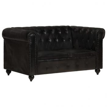 Chesterfield-Sofa 2-Sitzer Schwarz Echtleder