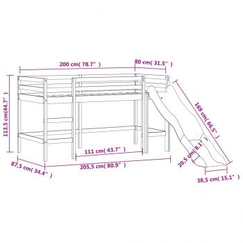 Kinderhochbett mit Rutsche Schwarz 80x200 cm Massivholz Kiefer