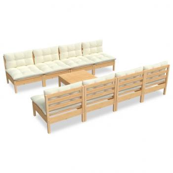 9-tlg. Garten-Lounge-Set mit Creme Kissen Massivholz Kiefer