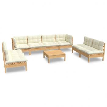 9-tlg. Garten-Lounge-Set mit Creme Kissen Massivholz Kiefer