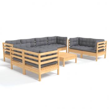 9-tlg. Garten-Lounge-Set mit Grauen Kissen Kiefer Massivholz