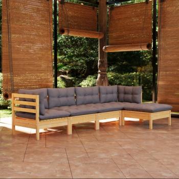 ARDEBO.de - 5-tlg. Garten-Lounge-Set mit Grauen Kissen Kiefernholz