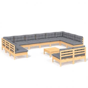 13-tlg. Garten-Lounge-Set mit Grauen Kissen Kiefer Massivholz