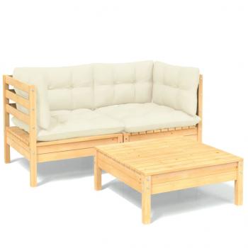 3-tlg. Garten-Lounge-Set mit Creme Kissen Kiefernholz