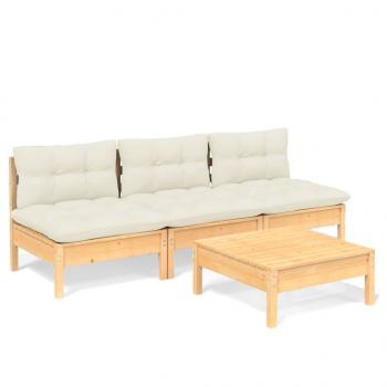 4-tlg. Garten-Lounge-Set mit Creme Kissen Kiefernholz