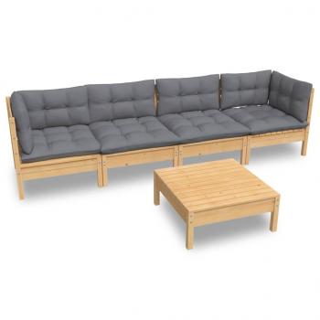 5-tlg. Garten-Lounge-Set mit Grauen Kissen Kiefer Massivholz