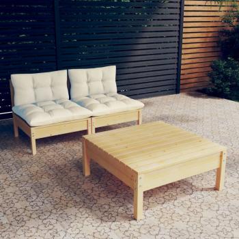 ARDEBO.de - 3-tlg. Garten-Lounge-Set mit Creme Kissen Kiefernholz