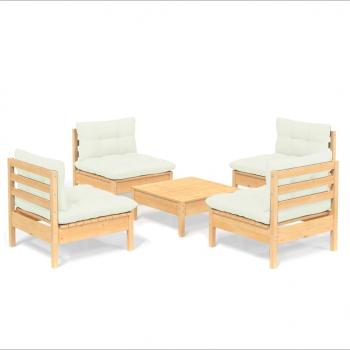 5-tlg. Garten-Lounge-Set mit Creme Kissen Kiefernholz