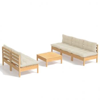 6-tlg. Garten-Lounge-Set mit Creme Kissen Kiefernholz