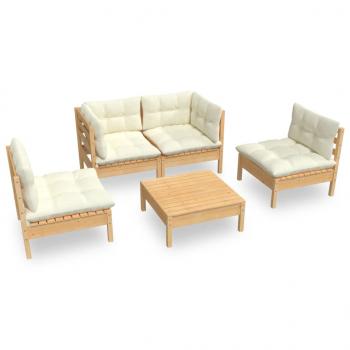 5-tlg. Garten-Lounge-Set mit Creme Kissen Kiefer Massivholz