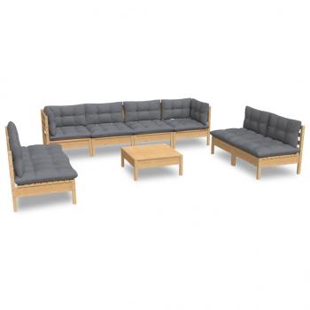 9-tlg. Garten-Lounge-Set mit Grauen Kissen Kiefer Massivholz