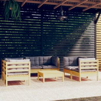 ARDEBO.de - 7-tlg. Garten-Lounge-Set mit Grauen Kissen Kiefer Massivholz