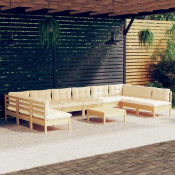 ARDEBO.de - 11-tlg. Garten-Lounge-Set mit Creme Kissen Massivholz Kiefer