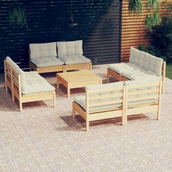 ARDEBO.de - 9-tlg. Garten-Lounge-Set mit Creme Kissen Kiefernholz