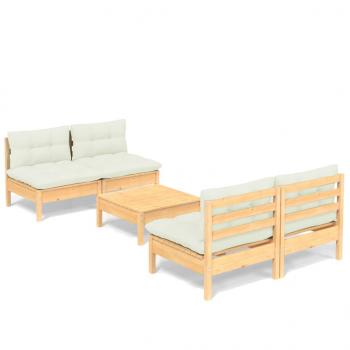 5-tlg. Garten-Lounge-Set mit Creme Kissen Kiefernholz