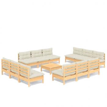 13-tlg. Garten-Lounge-Set mit Creme Kissen Kiefernholz